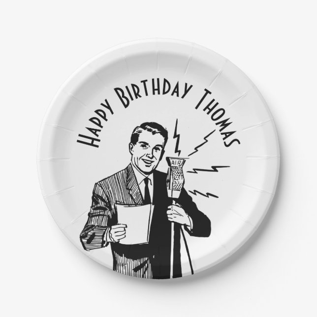 Vintage Birthday Radio Announcer Paper Plates (Front)