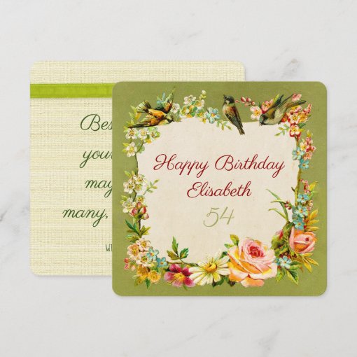 vintage birthday retro green flowers & birds card | Zazzle