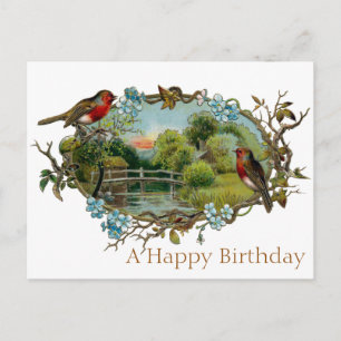 Vintage Birthday Robins and Forget-Me-Nots Postcard