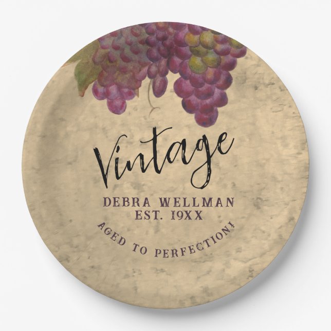 Vintage Birthday Rustic Vineyard Wine Country Paper Plates (Front)