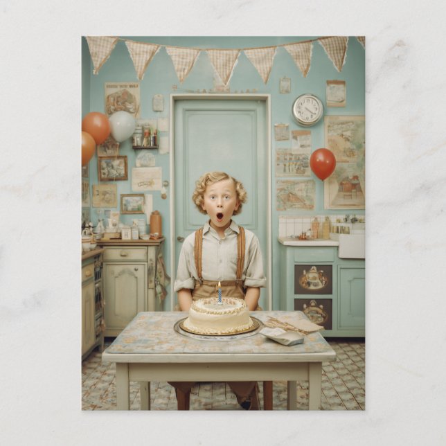 Vintage Birthday Surprise Kitchen Scene Postcard (Front)