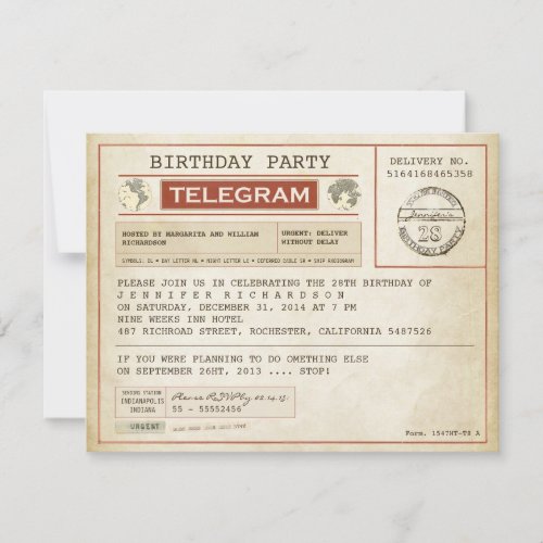 vintage birthday telegram invitation