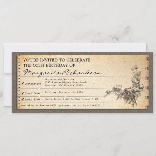 vintage birthday ticket invitations