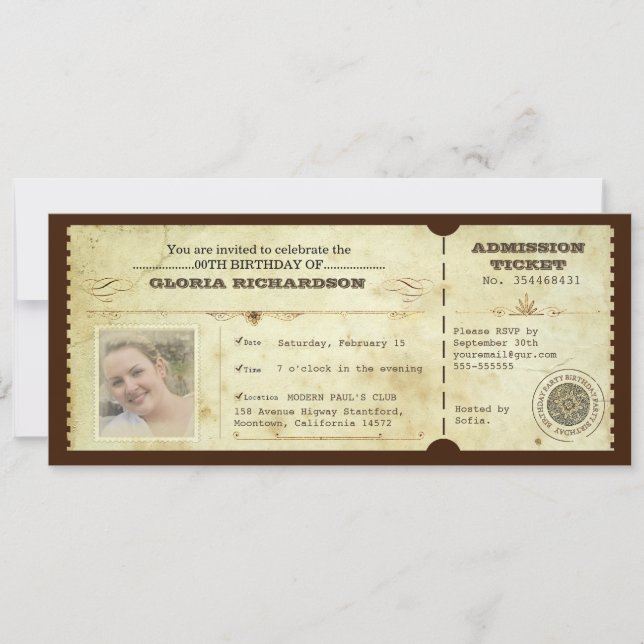 vintage birthday ticket with your photo invitation (Front)