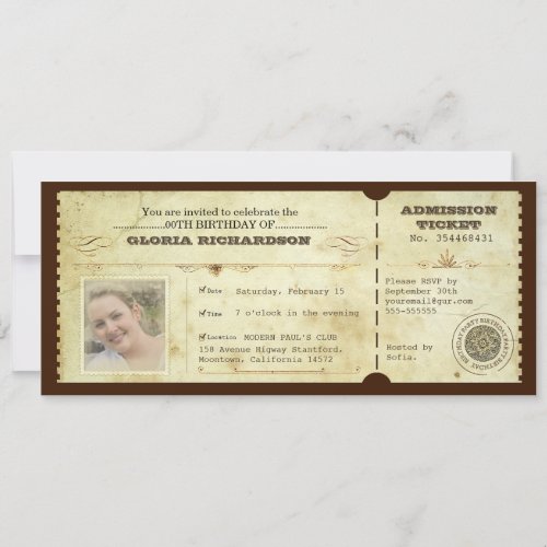 vintage birthday ticket with your photo invitation