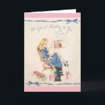 Vintage Birthday to a Sister, Card<br><div class="desc">A vintage birthday card image features a young woman celebrating her birthday in style. She sits in a pink chair with a box of a dozen roses and birthday gifts at her feet. Her pet Scottish Terrier dog sits up on its haunches and begs for a piece of birthday cake...</div>