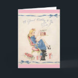 Vintage Birthday to a Sister, Card<br><div class="desc">A vintage birthday card image features a young woman celebrating her birthday in style. She sits in a pink chair with a box of a dozen roses and birthday gifts at her feet. Her pet Scottish Terrier dog sits up on its haunches and begs for a piece of birthday cake...</div>