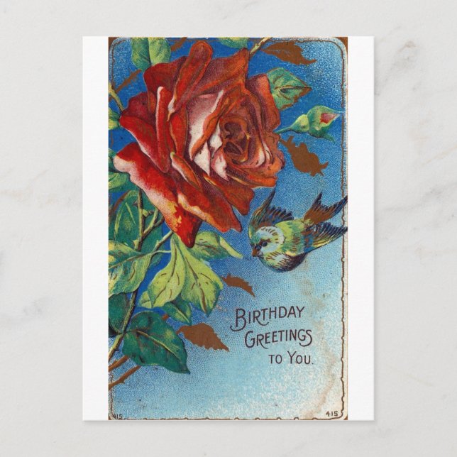 Vintage Birthday Wishes Rose and Bird Postcard (Front)
