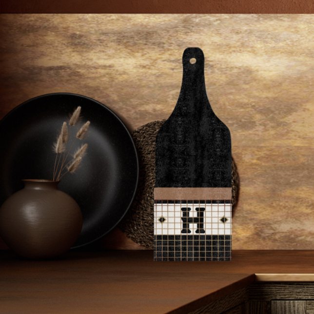 Vintage Bistro Tile Black and Gold Monogram Cutting Board (Creator Uploaded)