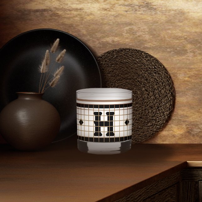 Vintage Bistro Tile Black and Gold Monogram Whiskey Glass (Creator Uploaded)