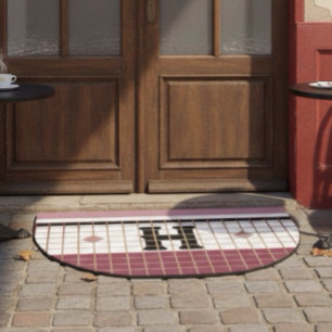 Vintage Bistro Tile Cranberry and Gold Monogram Doormat