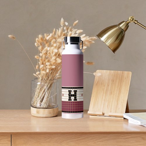 Vintage Bistro Tile Cranberry and Gold Monogram Water Bottle