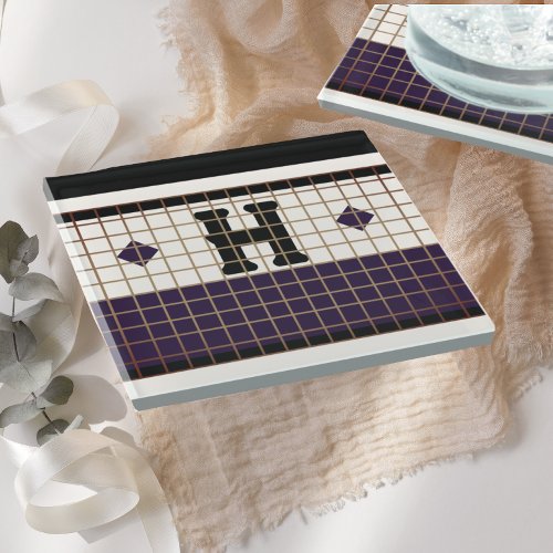 Vintage Bistro Tile Purple and Gold Monogram Glass Coaster