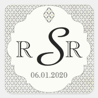 Vintage Black and Cream Diamond Wedding Monogram Square Sticker