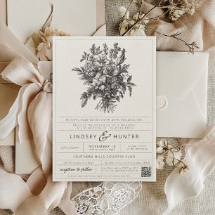 Vintage Black and Ecru Botanical Floral Wedding Invitation