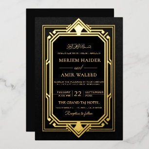 Vintage Black and Gold Art Deco Islamic weeding Foil Invitation