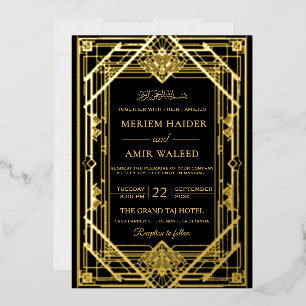 Vintage Black and Gold Art Deco Islamic weeding Foil Invitation