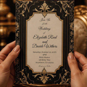 Vintage black and Gold Art Deco Wedding Foil Invitation