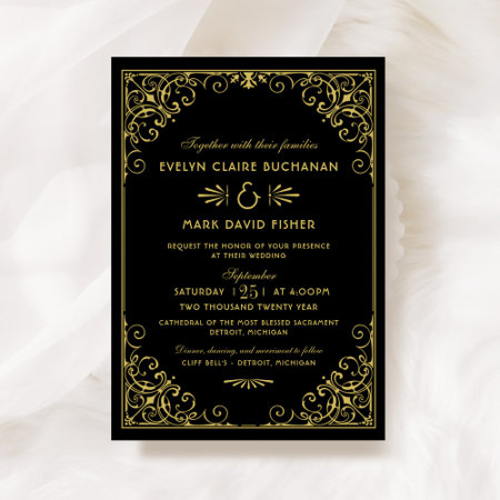 Vintage Black And Gold Art Deco Wedding Invitation