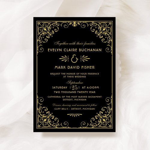 Vintage Black and Gold Art Deco Wedding Invitation