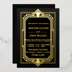 Vintage Black and Gold Art Deco weeding Foil Invitation