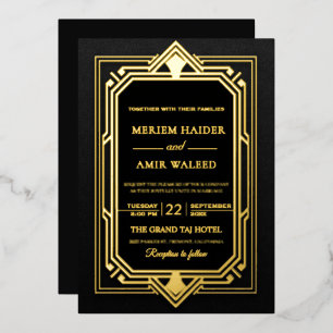 Vintage Black and Gold Art Deco weeding Foil Invitation