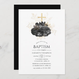 Vintage Black and Gold Floral Baptism Invitation