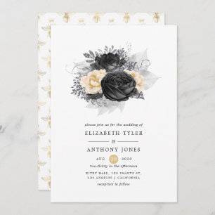 Vintage Black and Gold Floral Bees Wedding Invitation