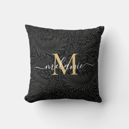 Vintage Black and Gold Floral Botanical Monogram Throw Pillow