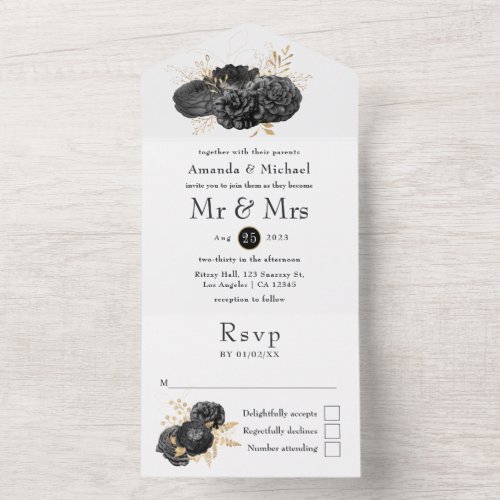 Vintage Black and Gold Floral Wedding All In One Invitation