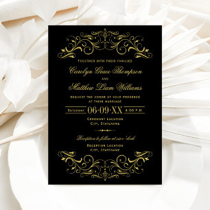 Vintage Black and Gold Flourish Wedding Invitation