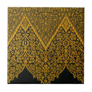 Vintage Black and Gold Indian Floral Pattern Ceramic Tile