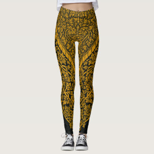 Vintage Black and Gold Indian Floral Pattern Leggings