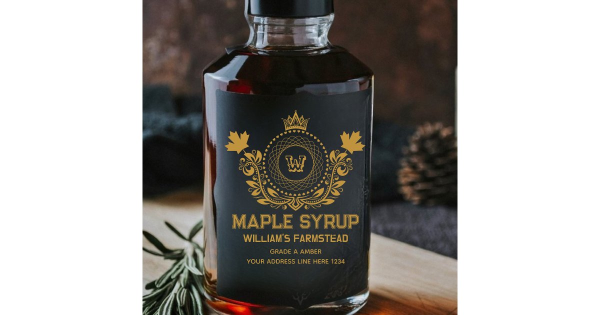 Vintage Black and Gold Monogram Maple Syrup Label | Zazzle