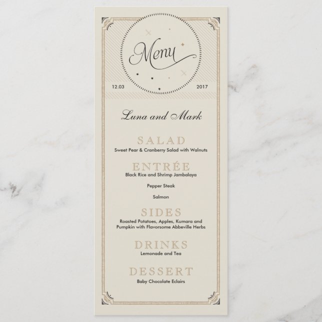 Vintage Black and Gold Night Sky Menu Cards (Front)