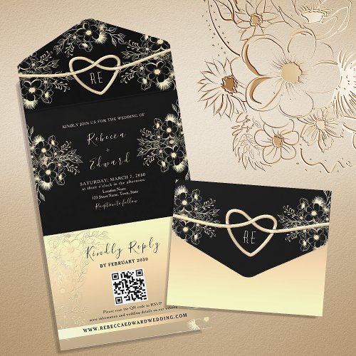 Vintage Black and Gold Wedding All In One Invitation