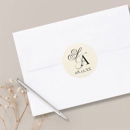Vintage Black And Ivory Old Money Monogram Wedding Classic Round Sticker