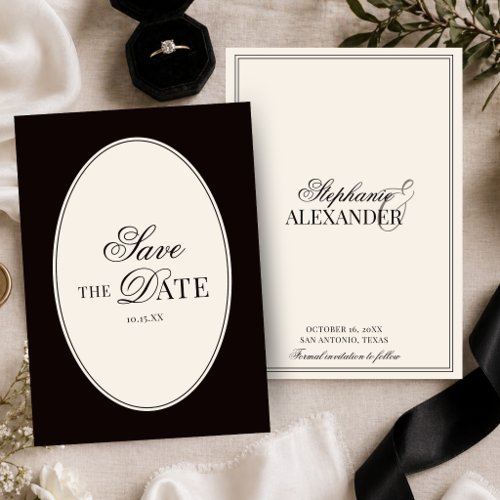 Vintage Black and Ivory Oval Old Money Wedding Save The Date