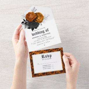 Vintage Black and Orange Floral Gothic Wedding All In One Invitation