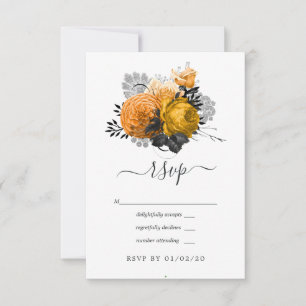 Vintage Black and Orange Halloween Floral Wedding RSVP Card