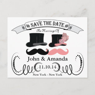 Vintage Black and Pink Mustache Announcement Postcard