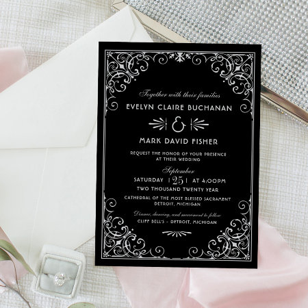Vintage Black And Silver Art Deco Wedding Invitation
