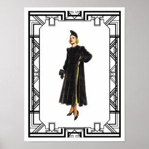 Vintage Black and White 1930s Fur Coat Fashion Poster