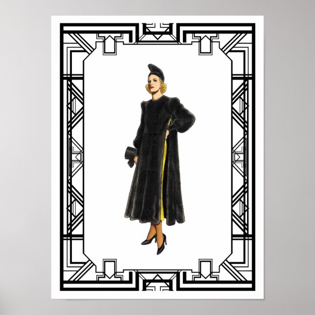 Vintage Black and White 1930s Fur Coat Fashion Poster (Front)