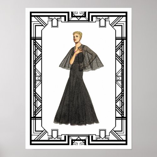 Vintage Black and White 1940s Silk Gown Fashion Poster