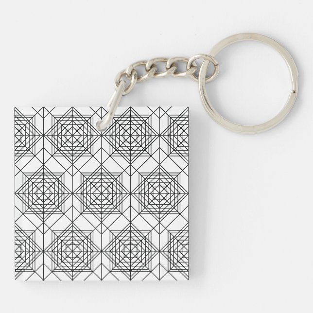 Vintage Black and White Abstract Linear Pattern Keychain (Back)