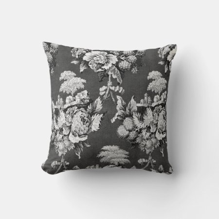 Vintage Black And White Botanical Floral Flowers Throw Pillow
