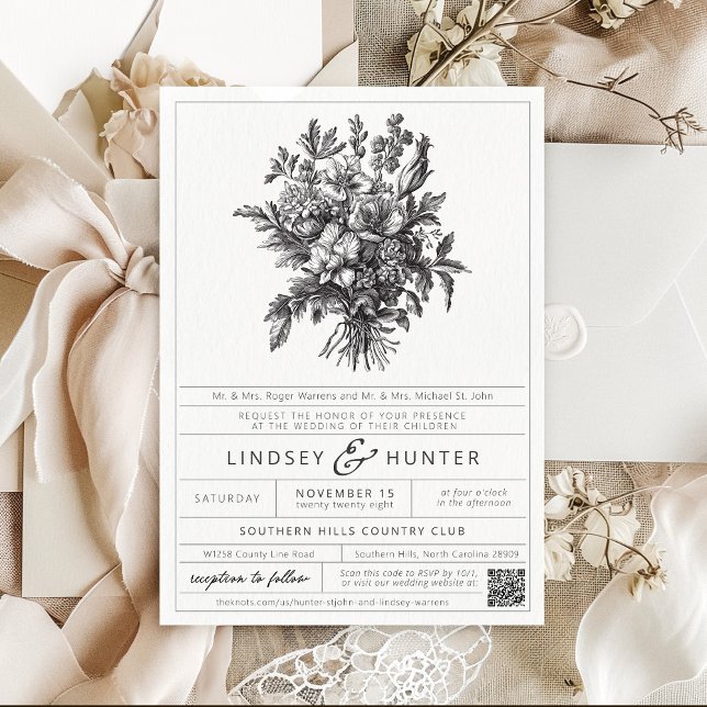 Vintage Black and White Botanical Floral Wedding Invitation (VIntage floral bouquet black and white wildflower simple label elegant QR code wedding invitation)