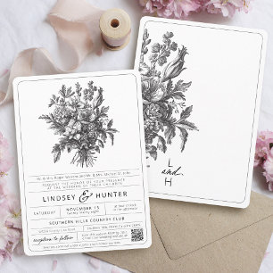 Vintage Black and White Botanical Floral Wedding Invitation