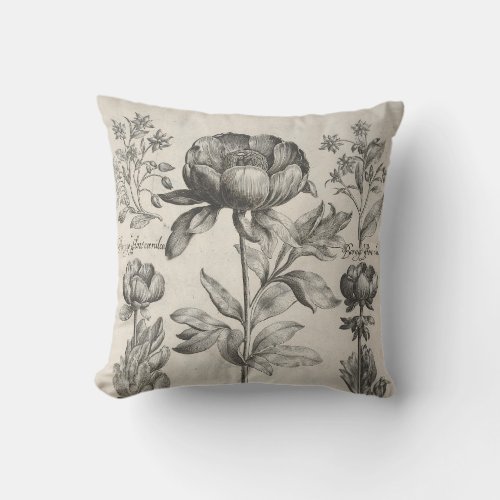 Vintage black and white botanical flowers floral throw pillow